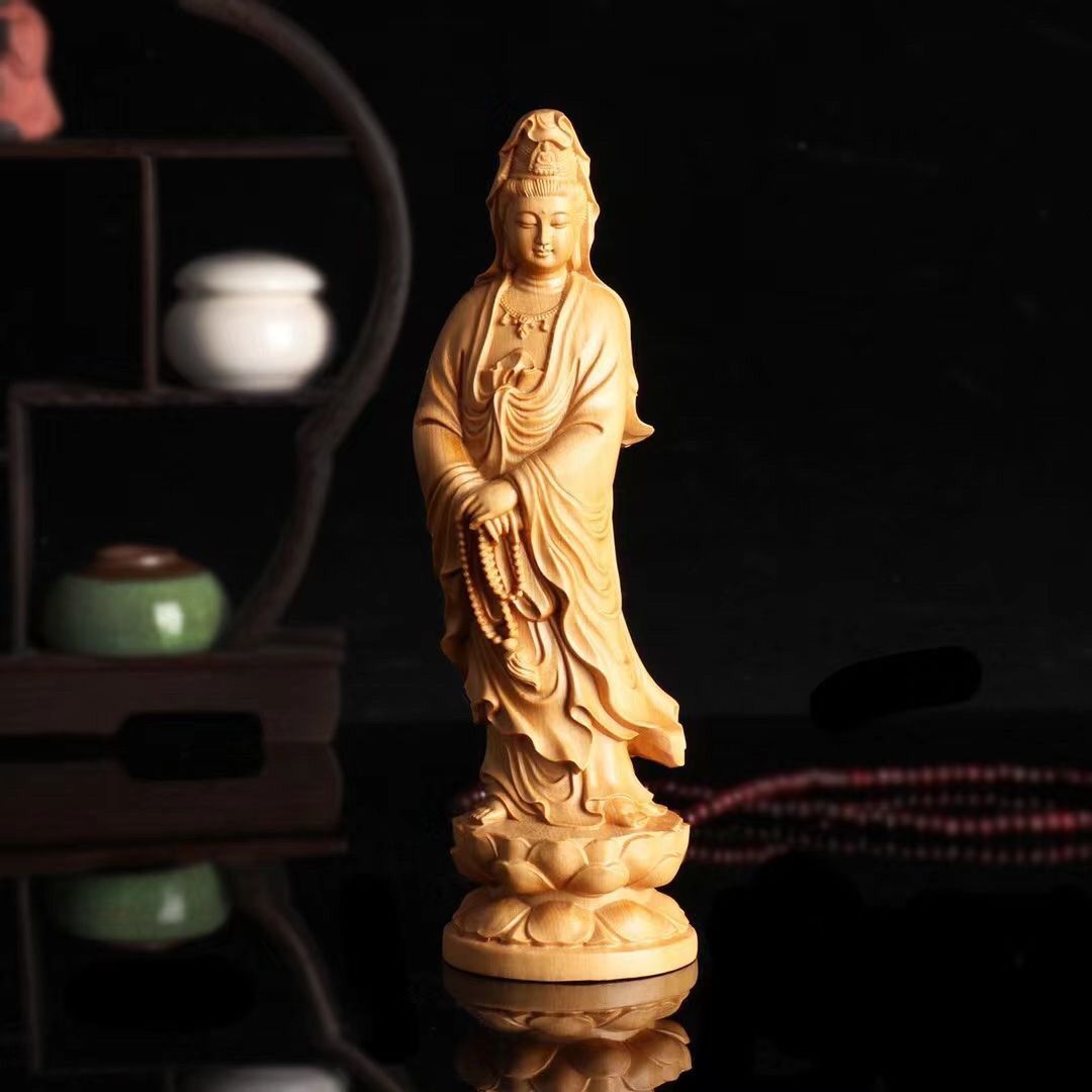 崖柏木雕刻念珠观音菩萨家用摆件送礼办公室装饰品车文玩工艺品