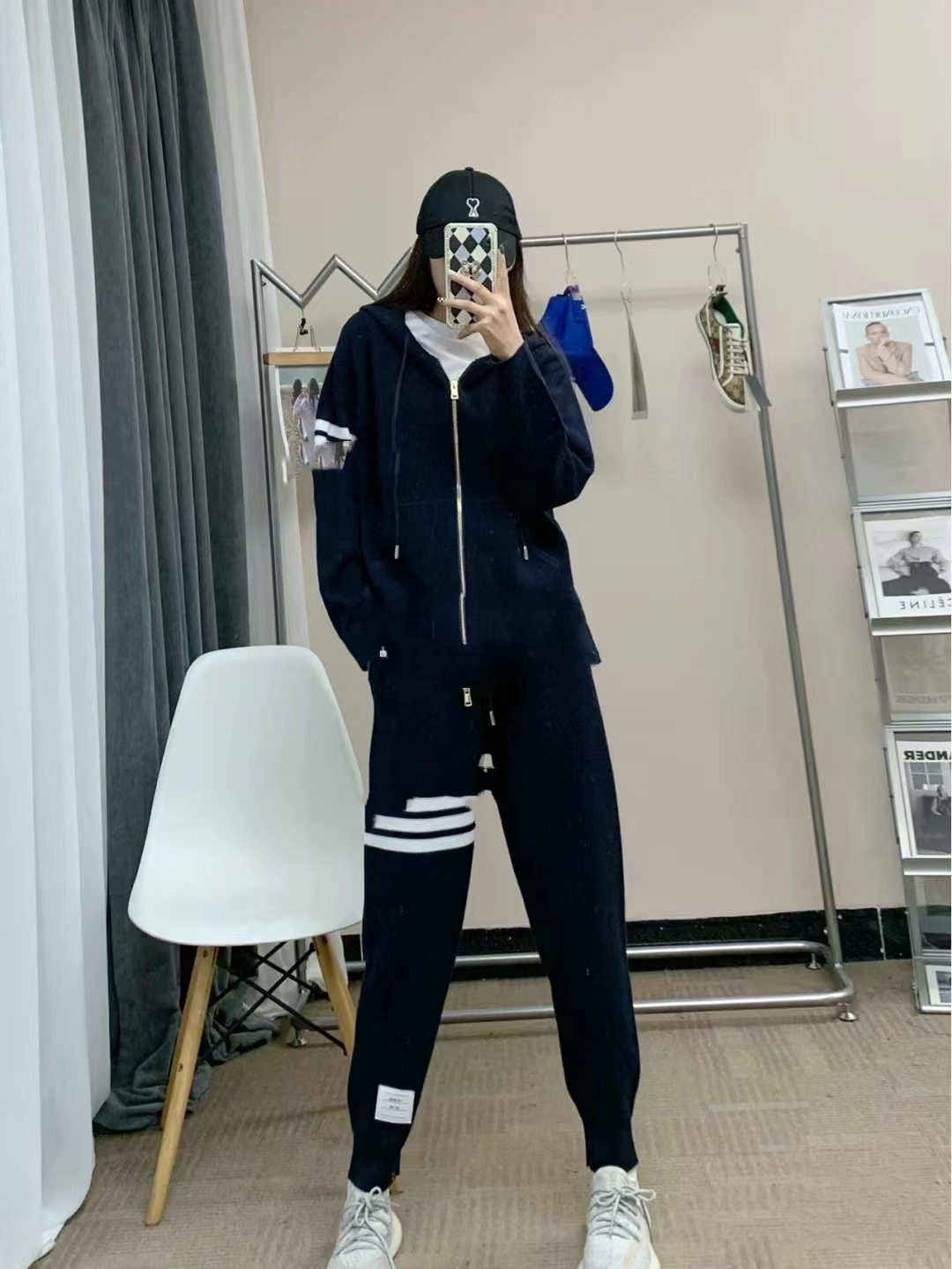 【汤老师】华夫格拉链开衫春秋长袖运动百搭宽松纯色带帽卫衣显瘦