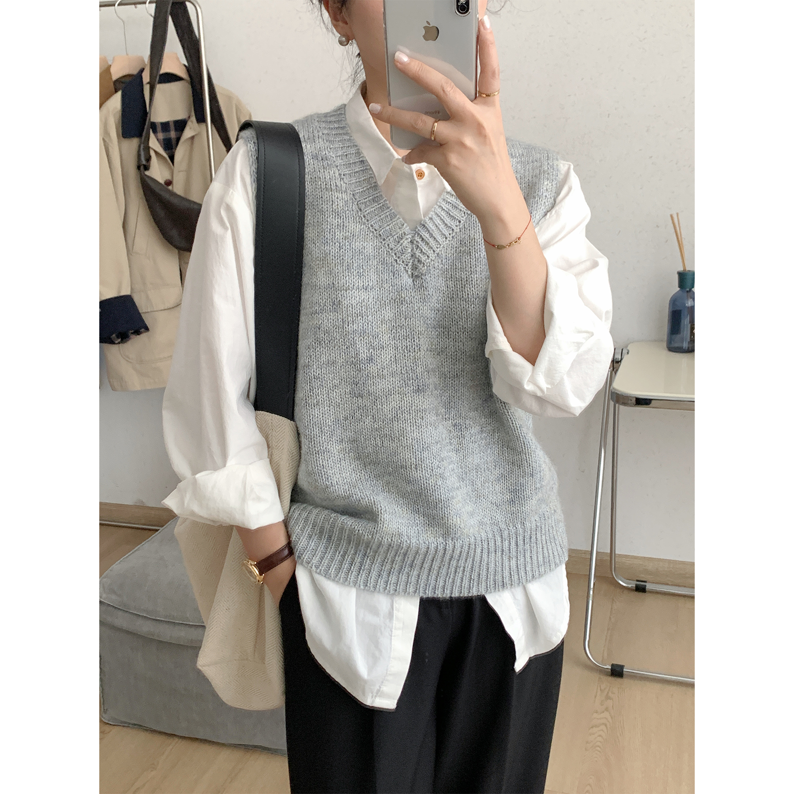 苏安家 墨尔本的秋天 双曲膨体纱马海毛v领套头毛衣马甲宽松背心