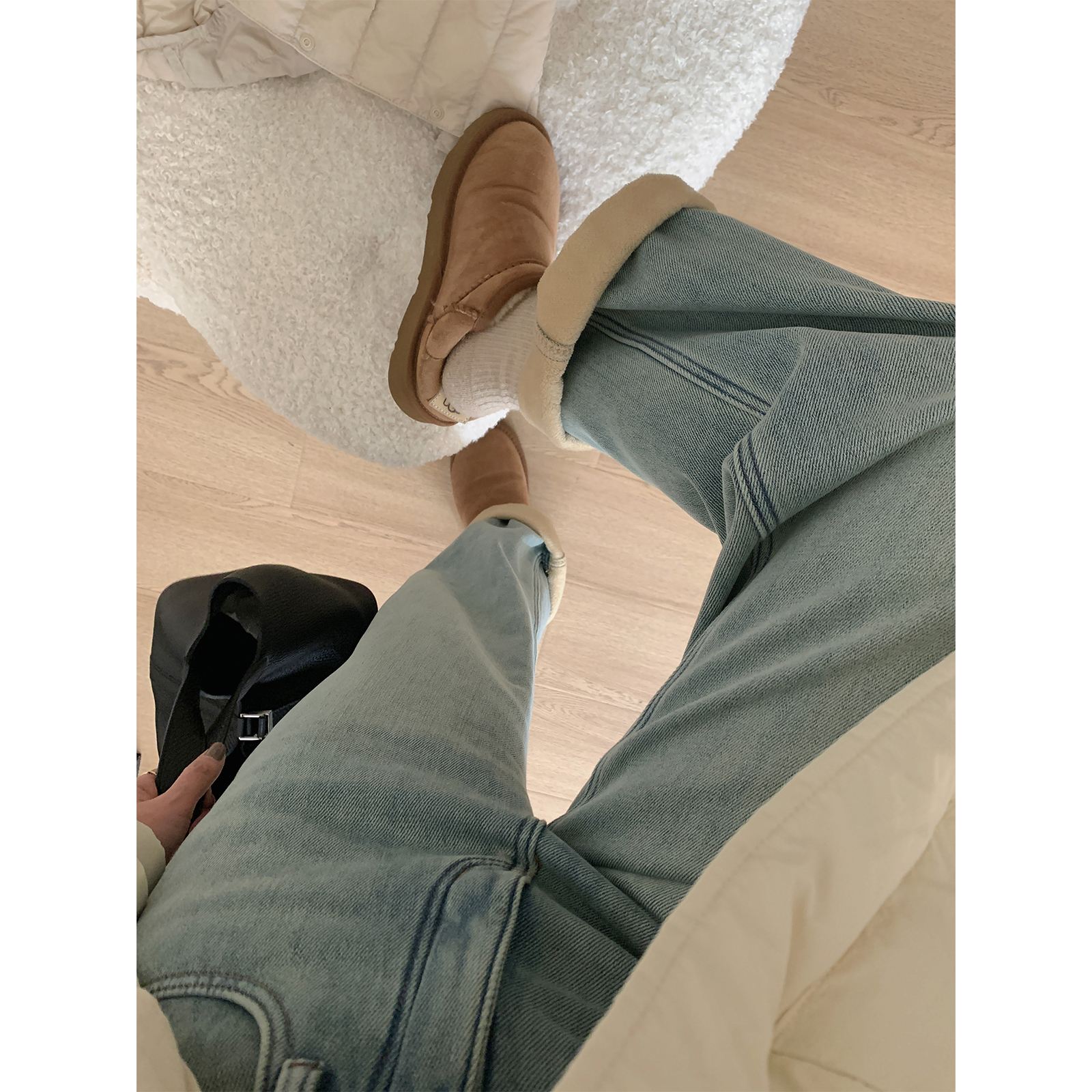 苏安家 超高品加绒加厚一条过冬浅浅蓝显瘦显腿长牛仔裤长裤