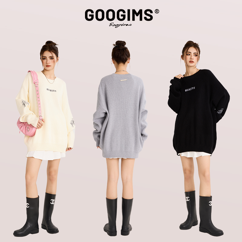 googims圆领毛衣男女同款宽松情侣上衣绣花衣服