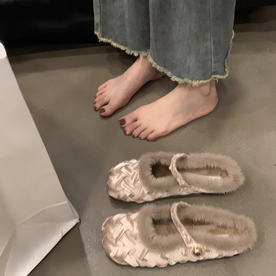 平底小香风加绒毛毛棉拖鞋女鞋子外穿秋冬季玛丽珍设计感包头半拖