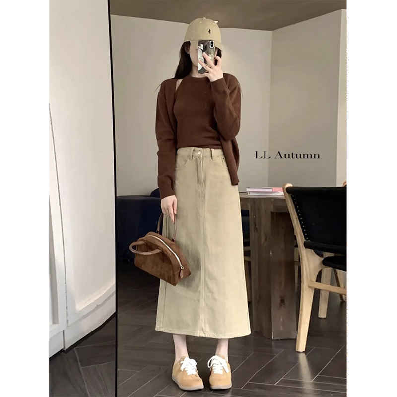 秋冬极简风高腰百搭显瘦磨毛后开衩半身裙复古休闲直筒牛仔a字裙