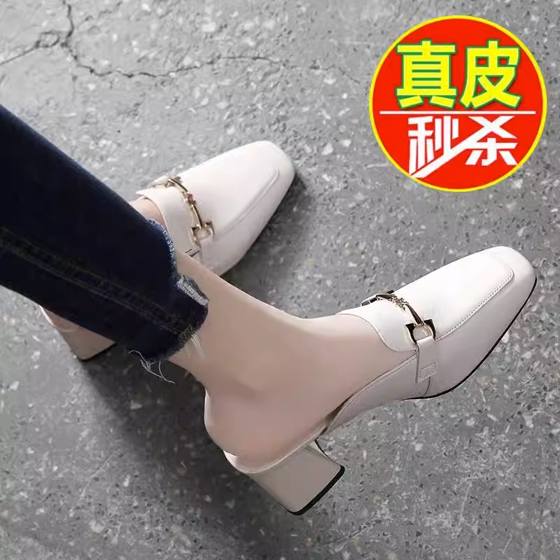 爆款真皮包头半拖鞋外穿2023年夏季新款百搭中跟粗跟软底凉拖女鞋