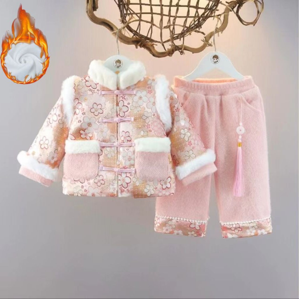 2023冬季新款女童年服套装1岁女宝宝加绒加厚两件套唐装冬天衣服
