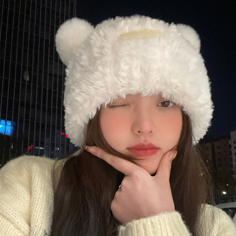 可爱小熊毛绒绒针织毛线帽子女秋冬季加厚保暖仿皮草套头护耳发箍