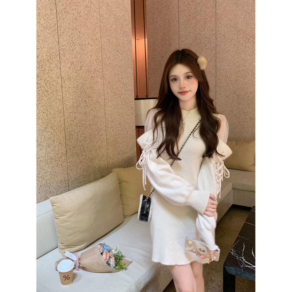 名媛法式秋冬新款韩版仙女网纱拼接宽松针织毛衣连衣裙内搭裙子女