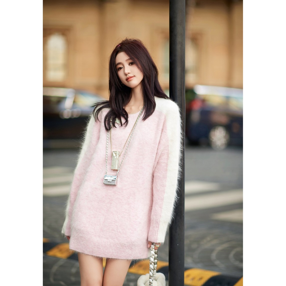 “Smart Laziness”高比例羊驼毛慵懒风拼接色宽松针织毛衣 MY3738