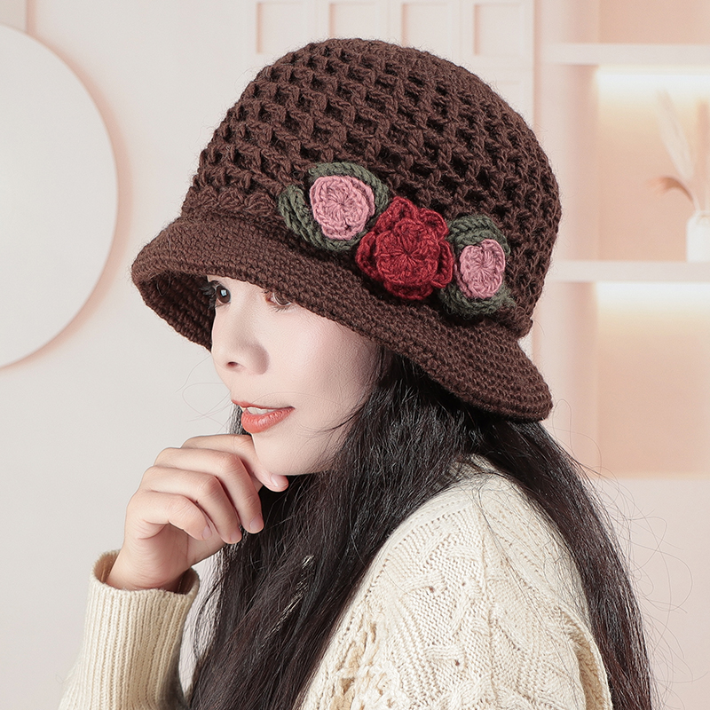 加绒渔夫帽盆帽妈妈冬帽女羊毛帽子秋冬毛线帽百搭针织帽花朵帽子