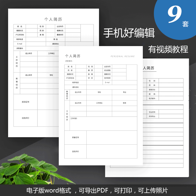 空白工作简历表模板电子版手机能编辑填写有视频教程9套合集hj02