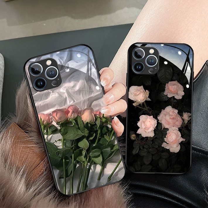 适用苹果15pro褶皱玫瑰潮流14/13手机壳iPhone12ProMax玻璃XS新款