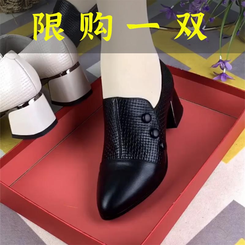 百丽纯爱2023年单鞋女尖头中粗跟软底中老年侧拉链妈妈深口小皮