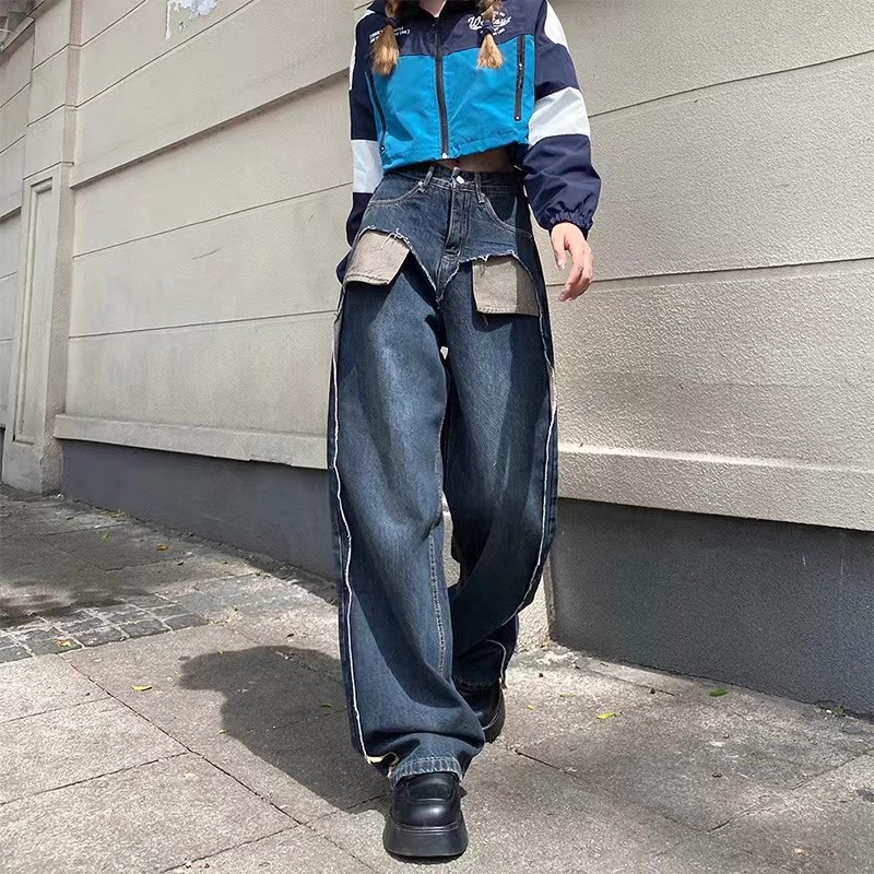 MJB 2023春夏新复古不规则小众设计拼接牛仔裤高腰宽松显瘦阔腿裤