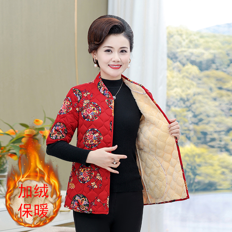 中老年人棉衣女士秋冬中袖妈妈冬装外套民族风加绒加厚保暖棉服