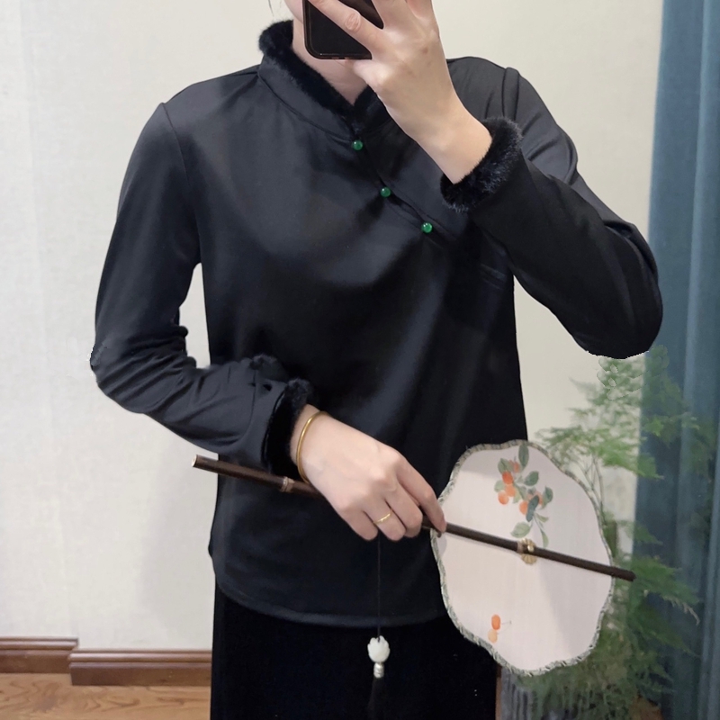 拼接毛领 中国风打底衫女冬季复古盘扣长袖t恤斜襟修身显瘦上衣