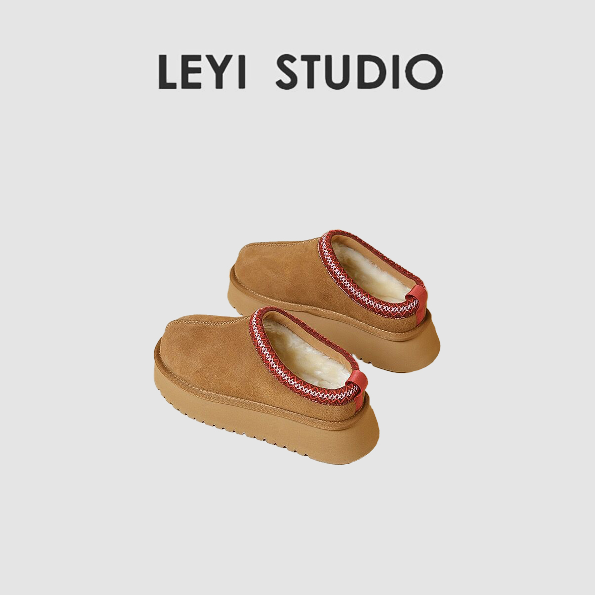 LEYI UG*G厚底雪地靴皮毛一体平底包头短裤半拖毛毛鞋-1024