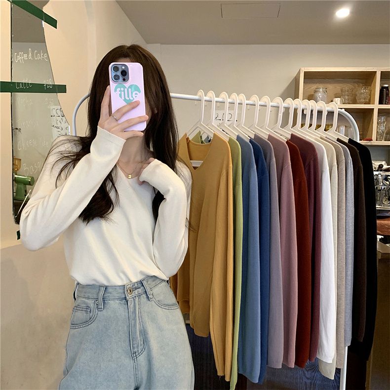 v领内搭打底衫女秋冬韩系温柔风针织衫上衣宽松显瘦长袖套头毛衣i