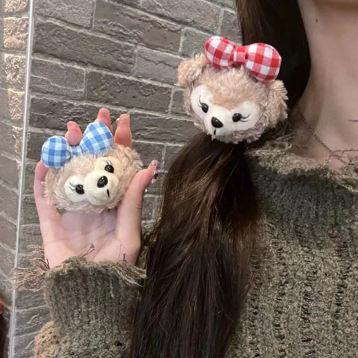 Mimmy甜美卡通达菲熊头绳可爱复古格纹卡哇伊发圈甜美达菲熊发绳