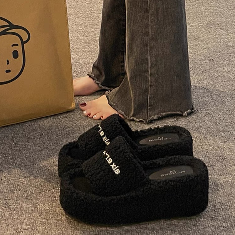 百丽纯爱小个子毛毛拖鞋女2023秋冬季新款坡跟增高厚底外穿一字高