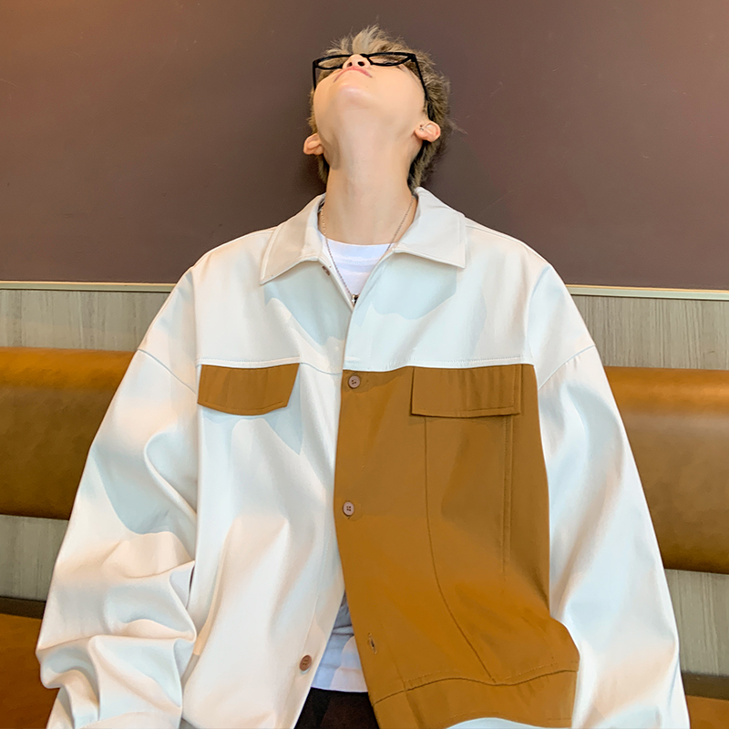 撞色拼接设计感短款夹克外套男oversize大码褂子2023秋季新款上衣