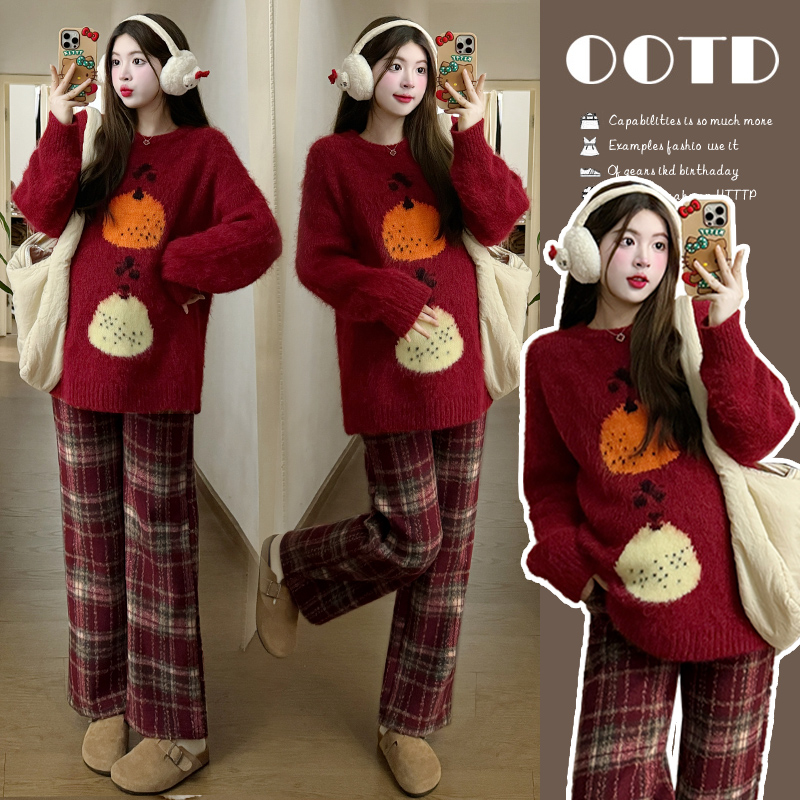 秋冬套装新年大吉大利加厚红毛衣+加绒格子阔腿裤两件套保暖套装