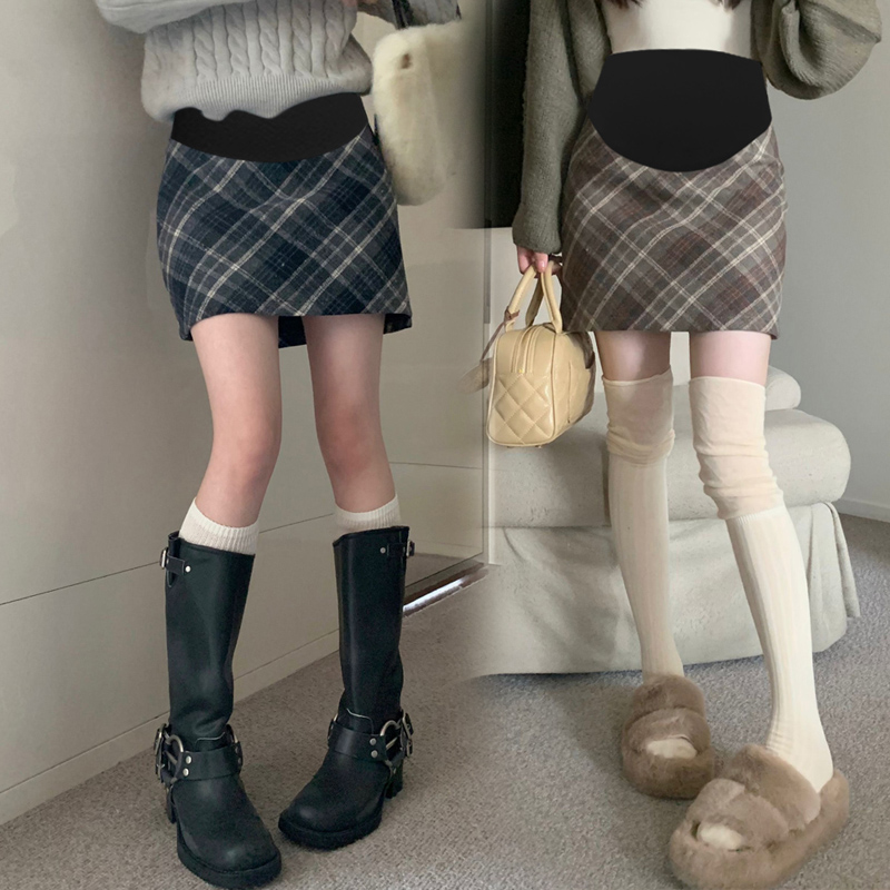 孕妇装格子毛呢美式复古半身裙女秋冬季防走光外穿显瘦a字裙韩版