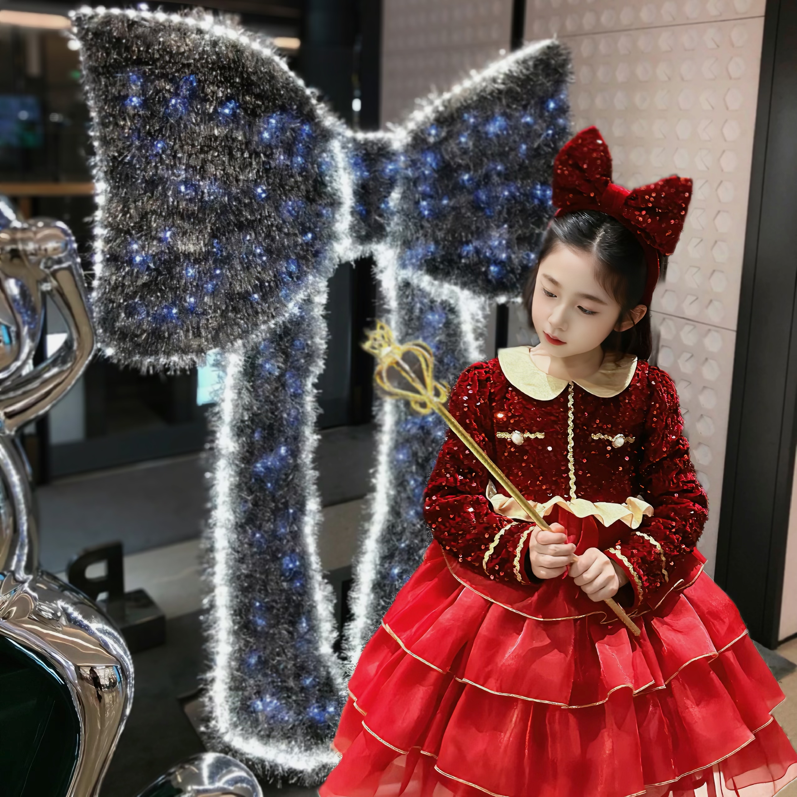 女童秋冬加厚洋气长袖小众设计师公主加绒高定红色连衣裙231710Q