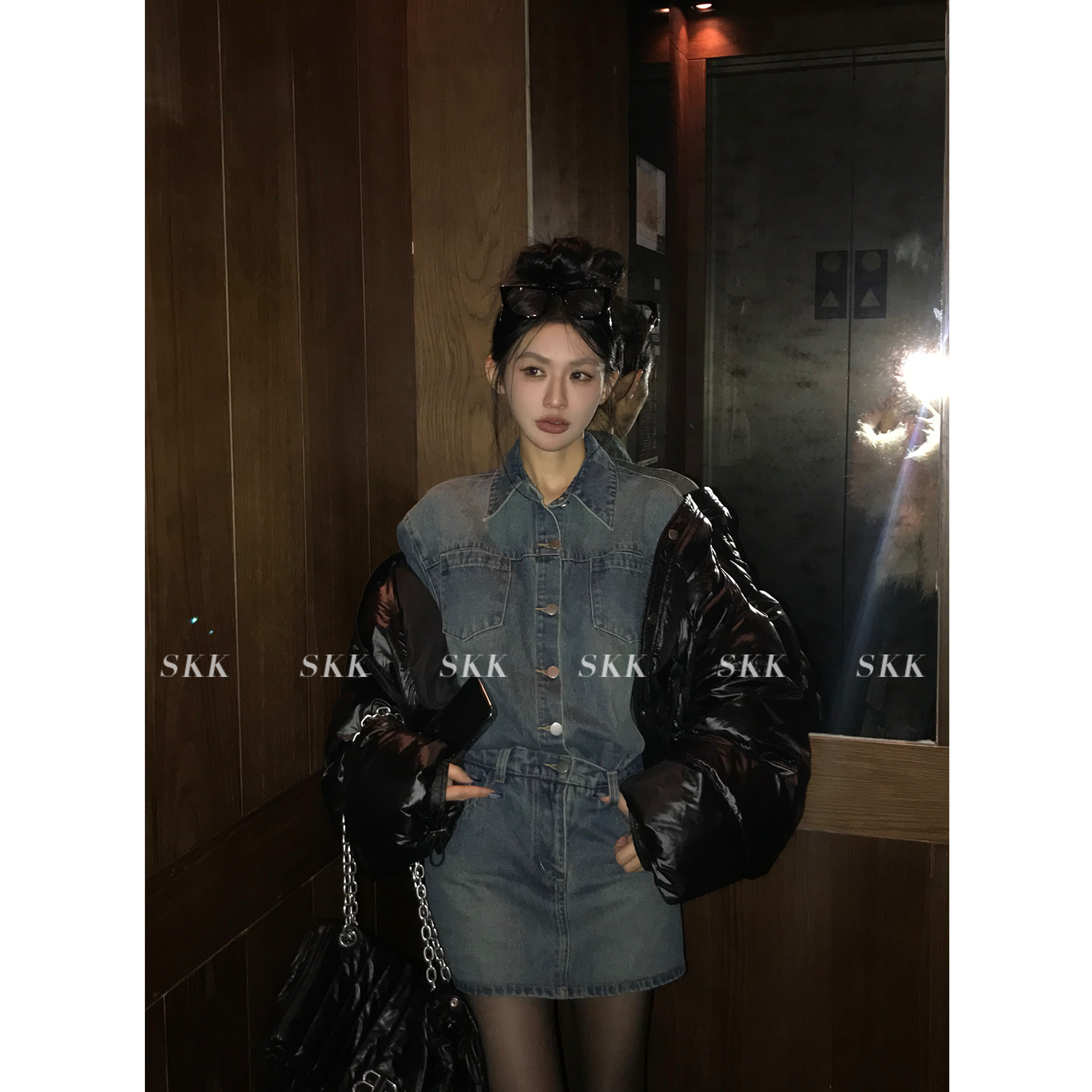 Skk Store纽约街角 复古水洗显瘦高定版牛仔连衣裙冬季女
