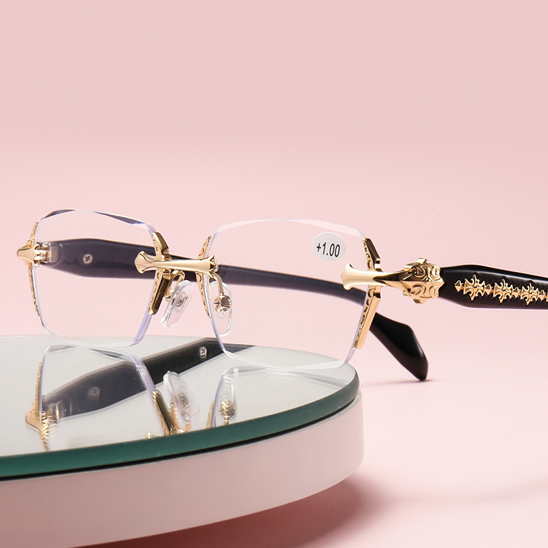 2023新款无框老花镜女钻石切边高清防蓝光防辐射超轻防眼疲劳眼镜