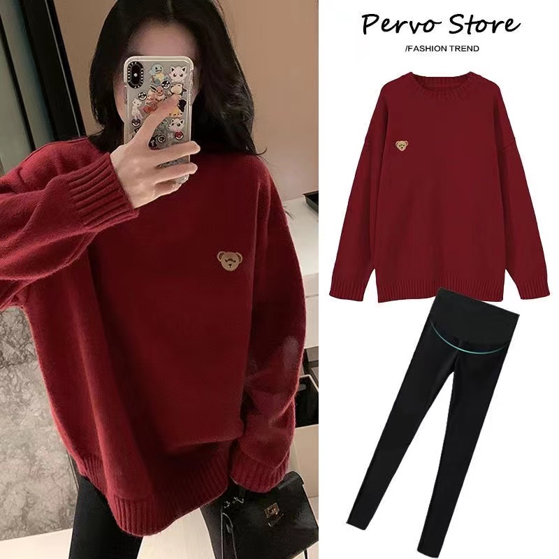 【晨妈】孕妇装毛衣秋冬装红色针织衫上衣宽松中长款孕妇打底衫潮