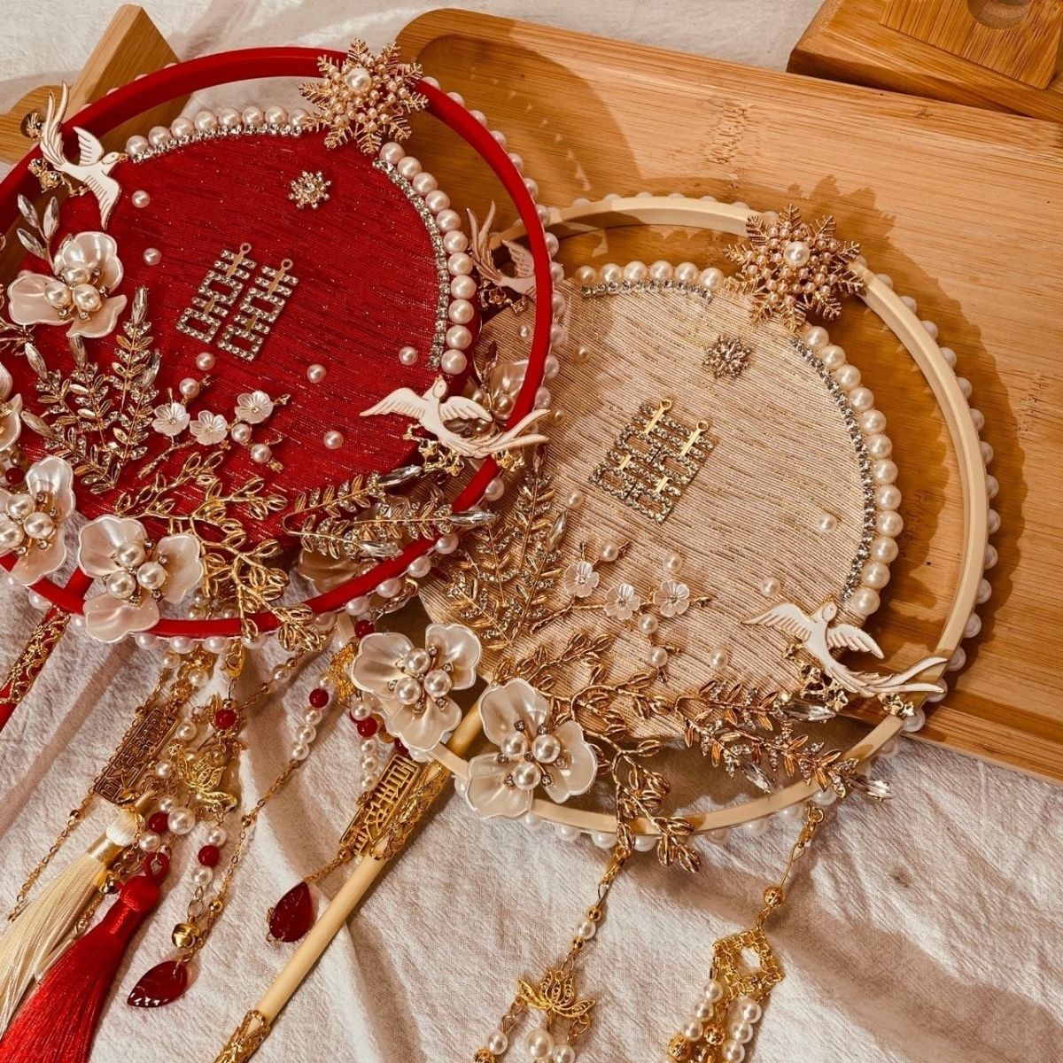 新中式婚礼香槟金色红色团扇喜扇结婚新娘小红书DIY手工秀禾简约