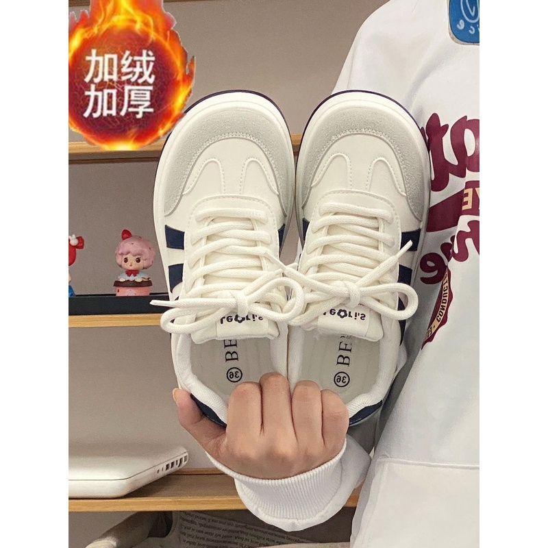 韩系奶fufu小白鞋女2023秋季厚底小众设计感休闲板鞋圆头面包鞋子