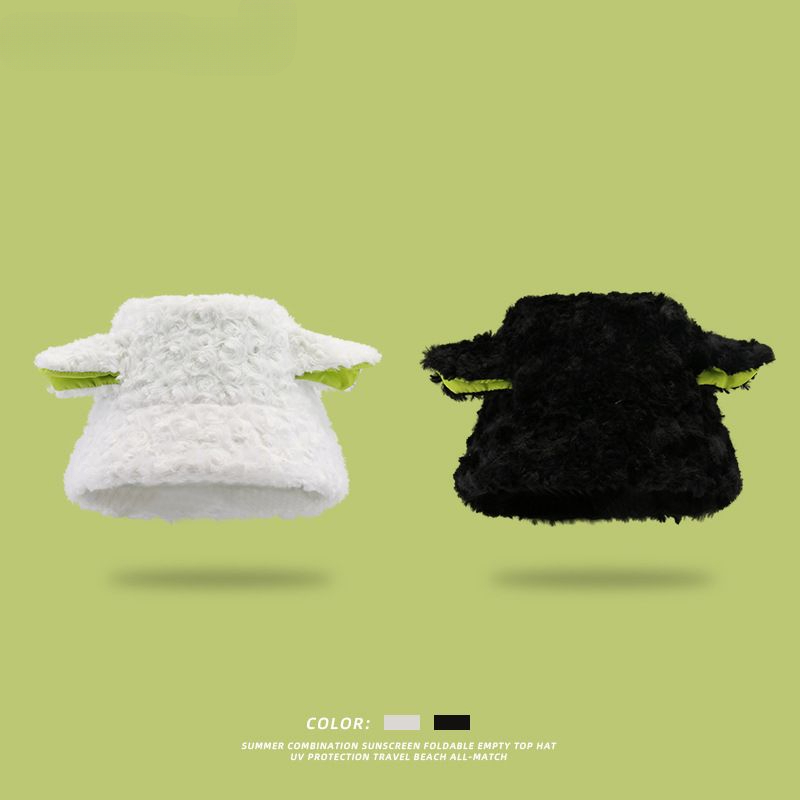 新款女日系可爱毛线保暖秋冬季耳朵毛绒咩咩帽小羊帽子冬天渔夫帽