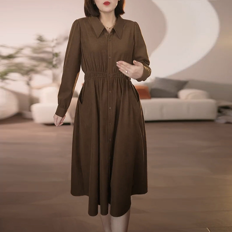 春季新款长袖连衣裙超显瘦时尚气质翻领收腰中长款妈妈装A字裙子