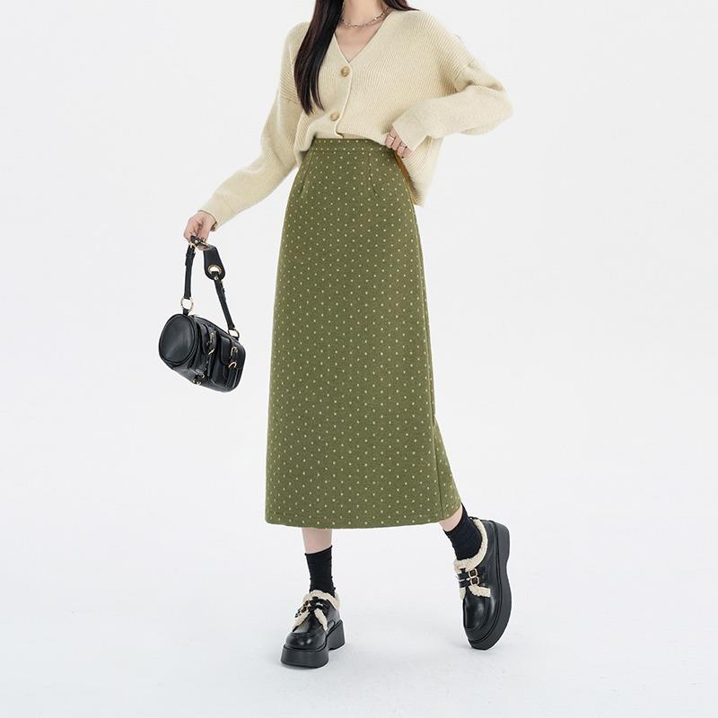 毛呢波点半身裙冬季高腰显瘦直筒休闲裙呢子西装包臀裙开叉一步裙