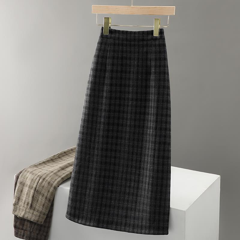 毛呢格子半身裙女气质秋冬加厚新款直筒中长款高腰显瘦字包臀裙