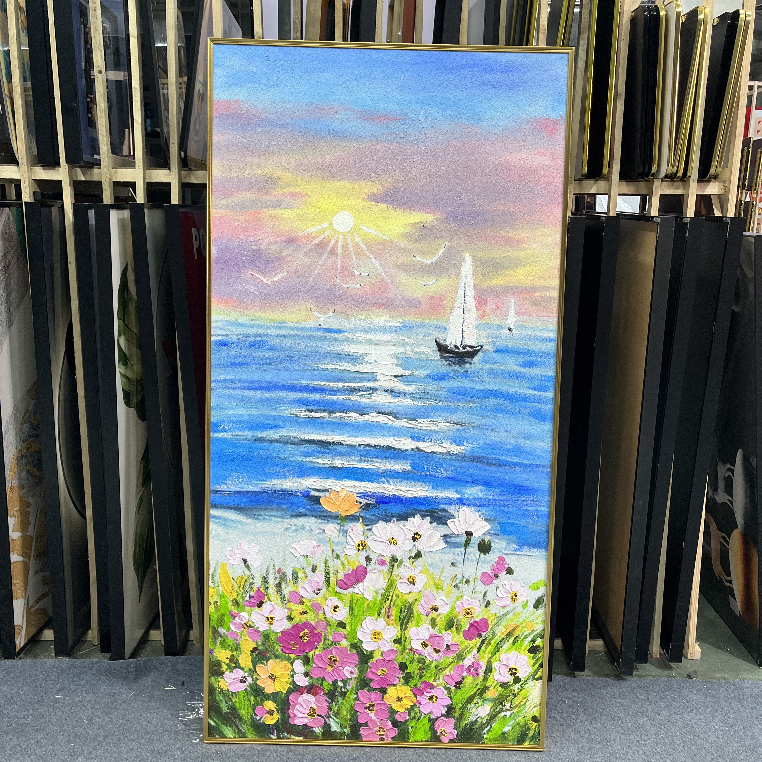 【银河】现代简约手绘岩板现代艺术海上日出客厅玄关装饰画80*160