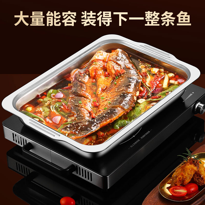 【烤鱼盘】不锈钢双耳烤鱼盘大托盘烧烤盘带波浪纹防粘餐盘加厚