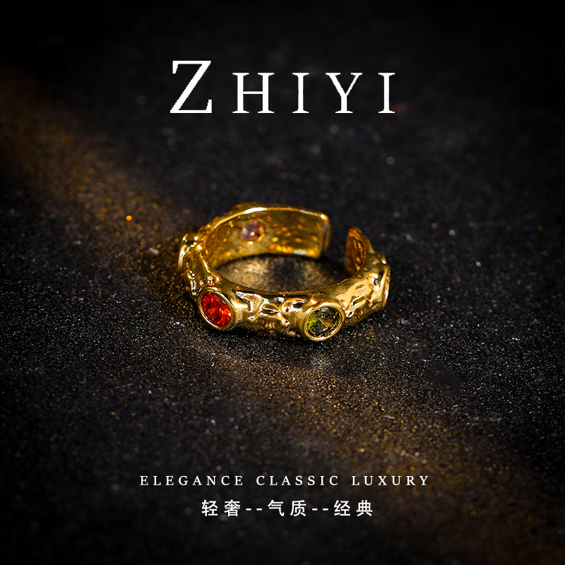 铜合金合成锆石戒指 复古时尚轻奢开口戒指气质小众0369