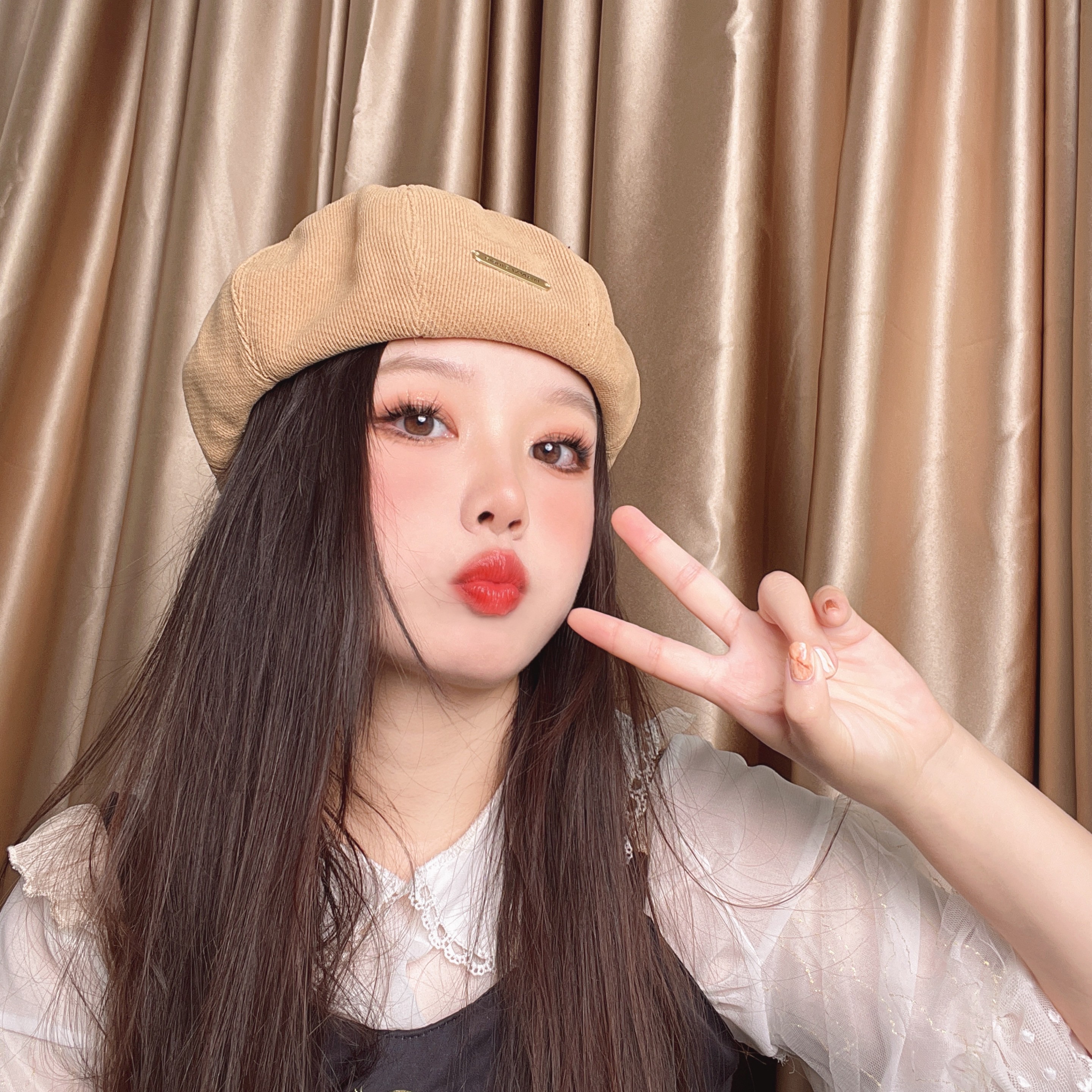 贝雷帽女秋冬米色ins网红蓓蕾帽大头围日系八角帽画家帽子显脸小