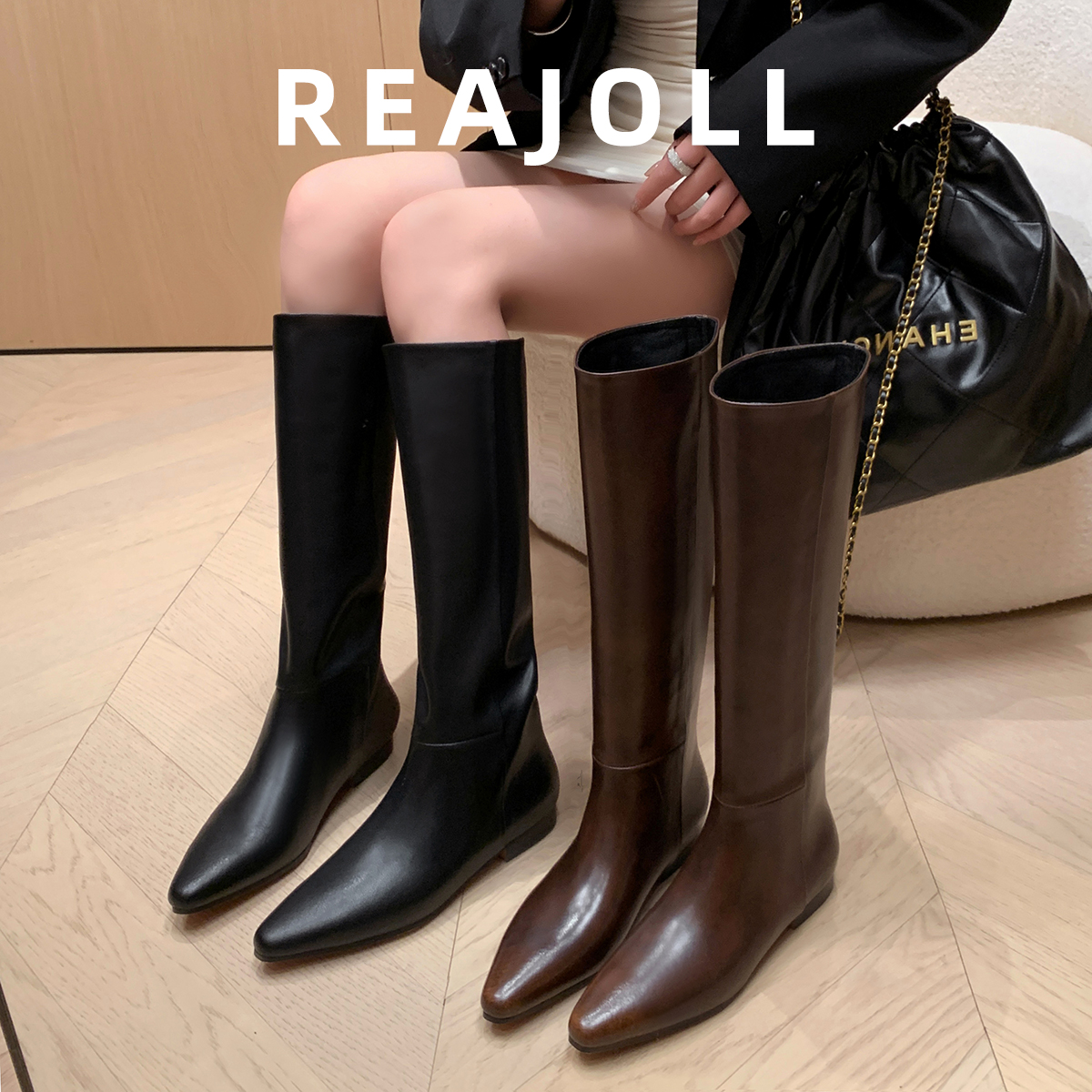 REAJOLL女鞋时尚骑士尖头真皮过膝秋冬长筒百搭复古平底高筒长靴