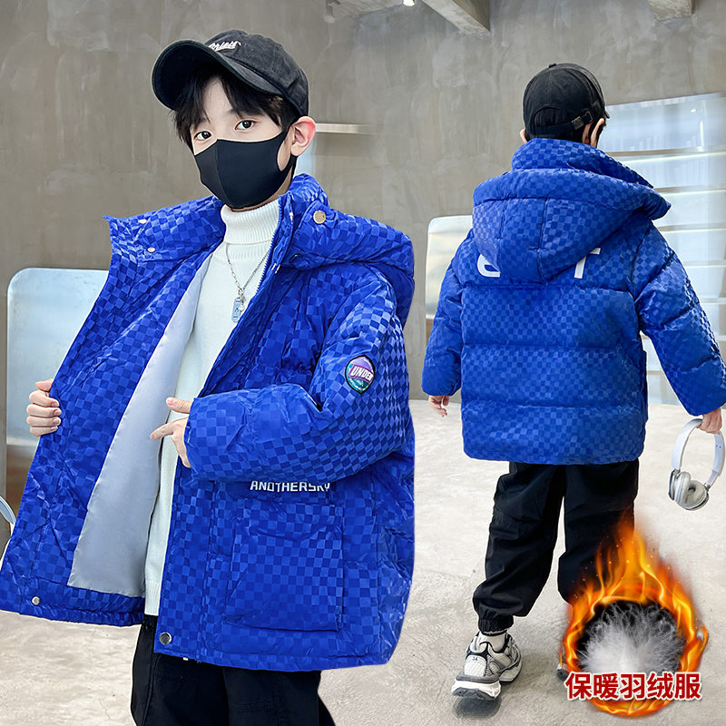 儿童中长款格子连帽羽绒服2023新款加厚冬装男童冬季炸街免洗外套