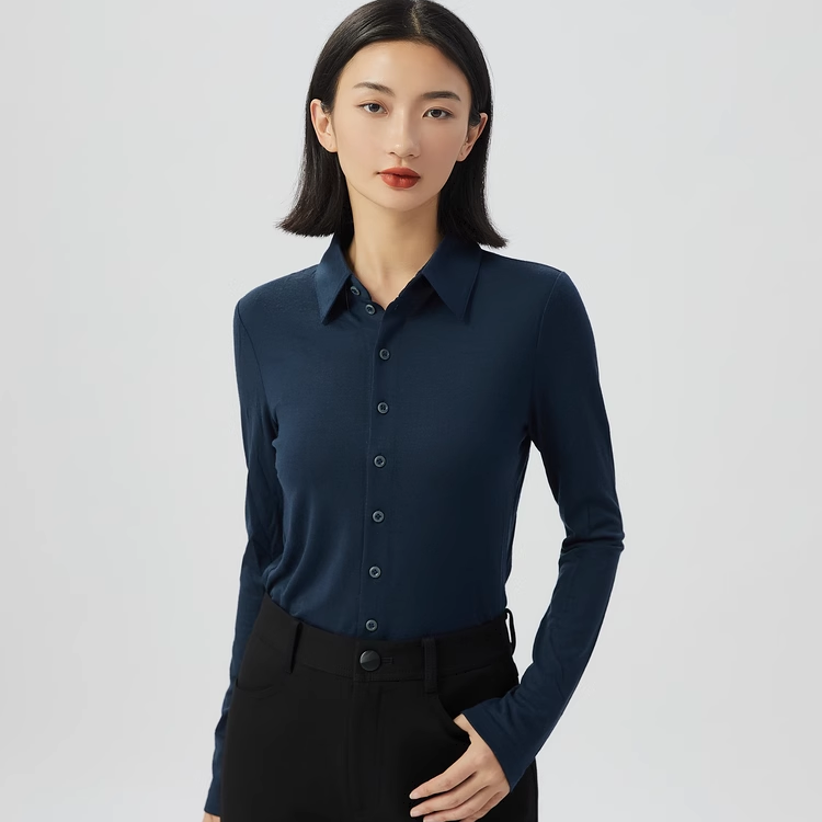 GIRDEAR/哥弟绵羊毛通勤百搭修身显瘦女士长袖衬衫休闲1300782