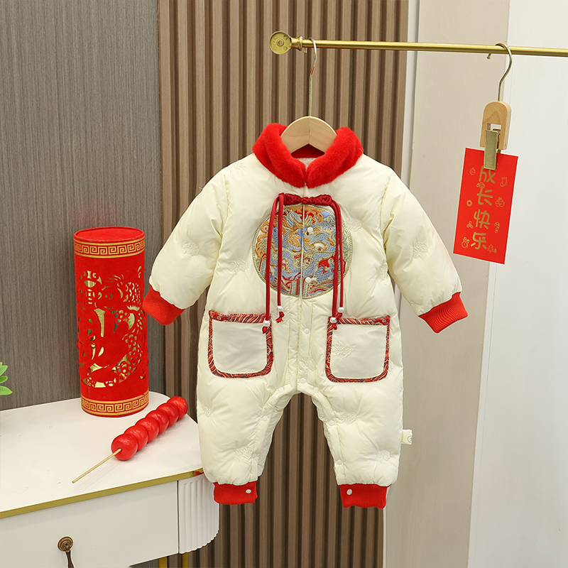鸣爬婴童冬装婴儿衣服冬季中国风连体衣加绒加厚冬款羽绒服23C391