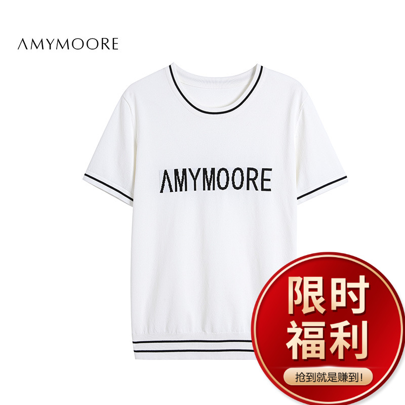 【直播间福利】AMYMOORE 印花毛针织短袖T恤女装圆领气质AW78924