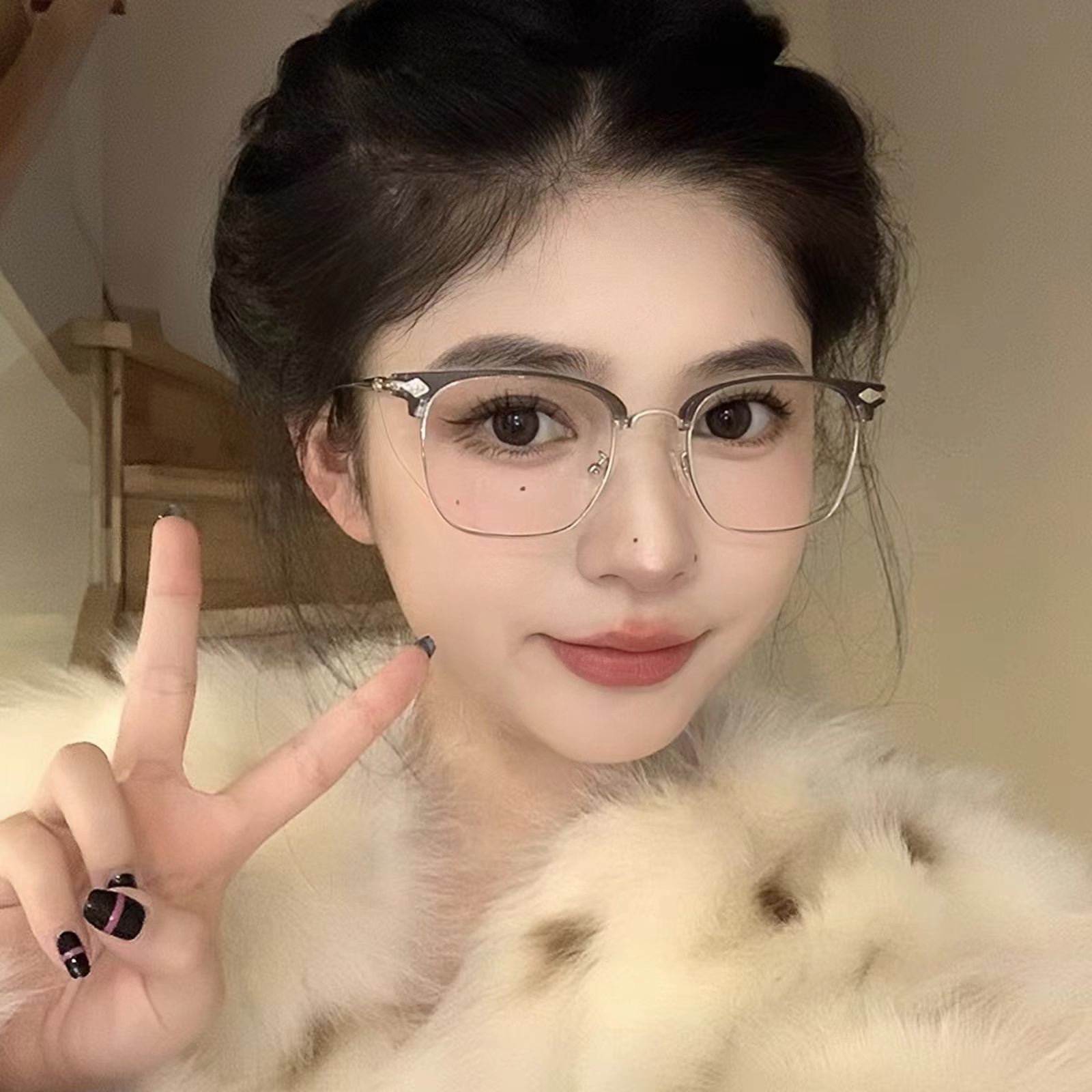 韩版半框眼镜近视女潮防蓝光网红大框显瘦素颜平光镜可配近视F66