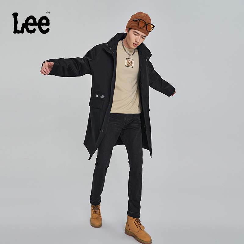 Lee23早秋舒适黑色户外宽松长款过膝男士机能连帽外套