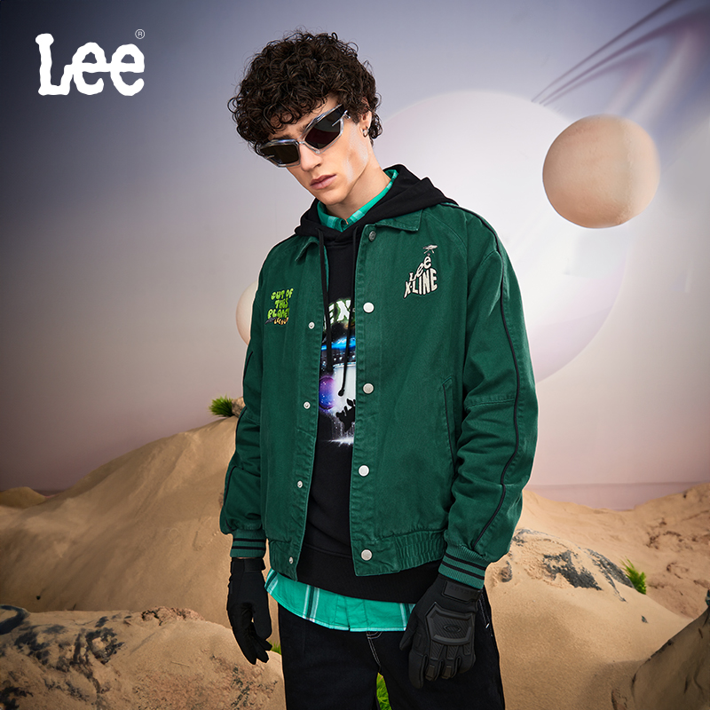 Lee 23早秋舒适绿色运动感男士宽松牛仔棒球外套百搭