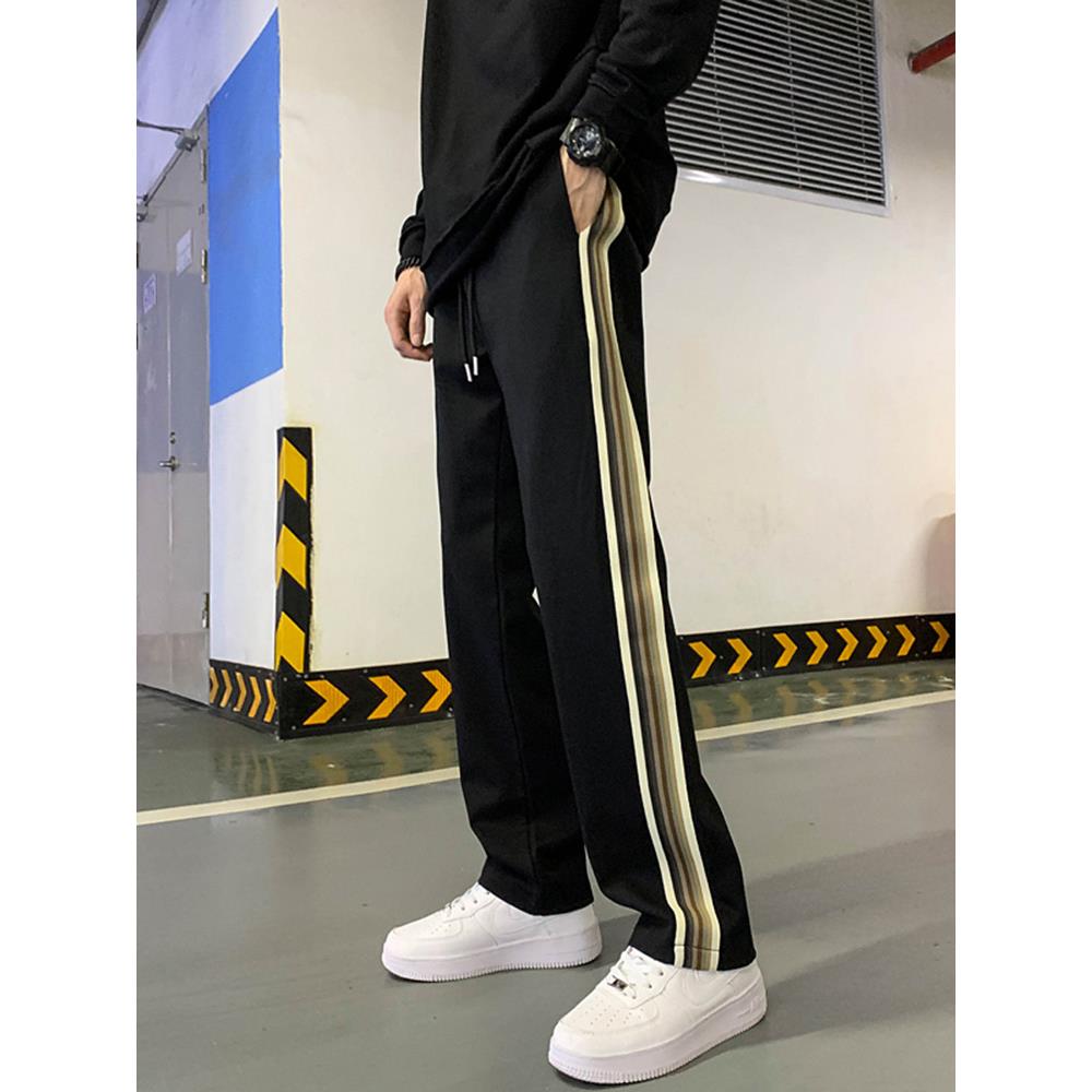 夏季休闲卫裤男直筒宽松条纹舒适垂坠感阔腿裤男生运动速干