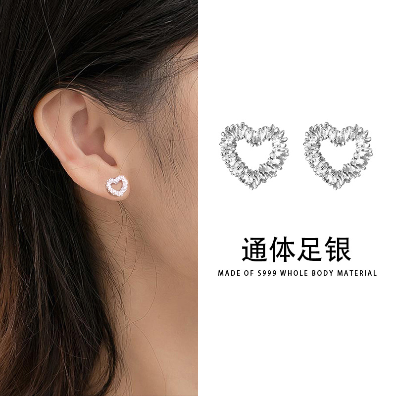 足银耳饰 S999银细细闪闪精致镂空爱心甜美气质耳钉